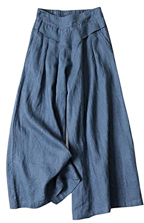 Gihuo Culottes Pantalones de Pierna Ancha de Mezcla de Lino para Mujer, Cintura elástica, Pantalones Casuales Palazzo con Bolsillos, Capris, Azul Oscuro, X-Large