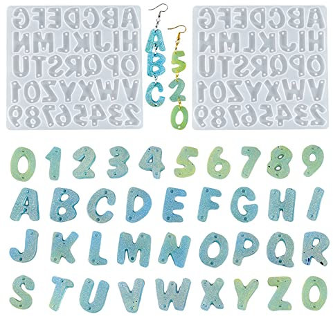 Nifocc 2 Stück Alphabet Harz Formen Rückwärts Alphabet Gießform Schmuck Silikonform Giessharz Formen Buchstaben Zahlen Anhänger Epoxidharz Form Kristall Casting Form mit Löchern für DIY Basteln