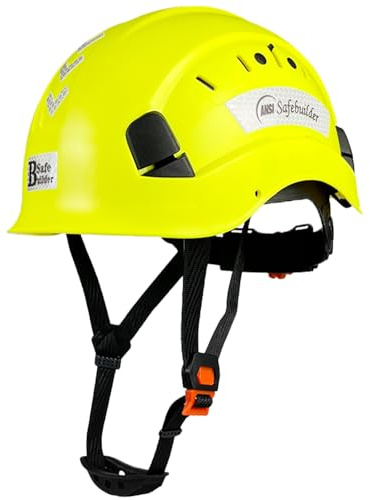 SAFEBUILDER Work Safety Hard Hat for Engineer Slotted Ventilated Construction Safety Helmet for Men Women Industrial Adjustable Ratchet 6-Point Suspension ANSI Z89.1-14 (02-Fluorescent Yellow Helmet)