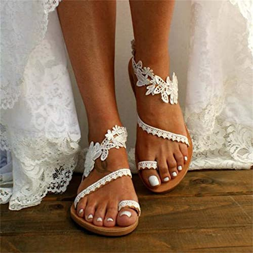DOIX Sandales Romaines Femmes Sandales À Fleurs en Dentelle Bohème À Bout Anneau Plates Sandales de Soirée de Mariage de Plage D'été Chaussures de Marche Décontractées,Blanc,US10/EU41