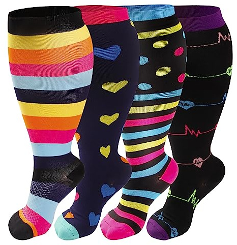4 Pairs Plus Size Compression Socks for Women & Men, Extra Wide Calf 20-30 mmhg Knee High Compression Stockings for Circulation Swelling Support