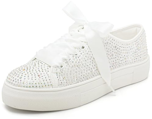 Elivandon 9995 Wedding Shoes Lace Bridal Sneakers 1.46 Platform Bride Tennis Shoes Sparkling Rhinestone Wedding Sneakers