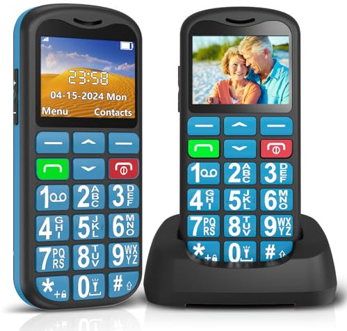 ukuu Teléfono Móvil para Personas Mayores con Botón SOS y Base Cargadora, Teclas Grandes Volumen Alto USB-C Bateria 800mAh Pantalla Grande de 1,8 Pulgadas Fácil de Usar Celular para Ancianos - Azul
