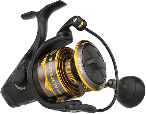 PENN Carrete Giratorio Battle® IV, Pesca de Agua Salada Señuelos y cebos para Peces de mar, Bobina de Aluminio, Robusto Carrete 6000 Tamaño del Carrete 5.6:1 Engranaje Negro, Dorado y Ahumado