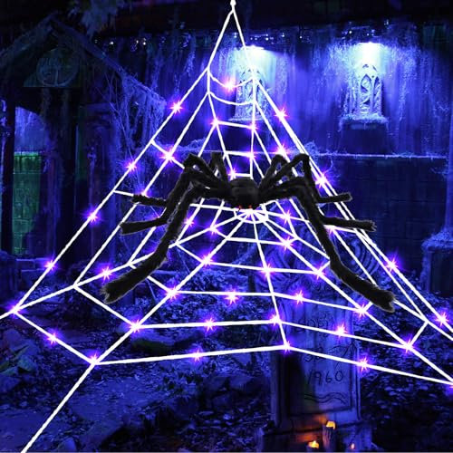 DZAY Halloween Deko Lichterkette Garten Riesen Spinnennetz mit LED-Lichter,Halloween Dekoration Riesen Spinnennetz Garten Deko Außen Riesenspinne für Party Indoor Outdoor Dekolichter