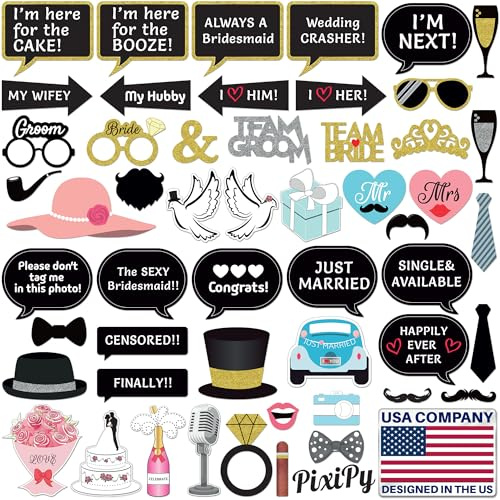 Wedding Photo Booth Props - 52 Pieces, Multicolored - Fun Photoshoot Party Selfie Accessories - Silly Group Picture Favors for Wedding Reception or Anniversary - Party Supplies & Decorations