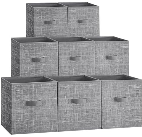 SONGMICS Storage Cubes, 26 cm Non-Woven Fabric Bins with Double Handles, Set of 8, Wardrobe Organisers for Shelves, Foldable, for Clothes, Cattail Grey ROB826G01
