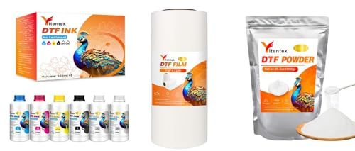 Yitentek DTF Ink & Film & Powder Set - 3000ML No Sediment DTF Transfer Ink + DTF Transfer Film Roll 11.8 x 328' Double Sided PreTreat Cold & Hot Peel PET Film + DTF Powder 1000g / 35.27oz