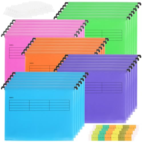 LOPYXBR 30 piezas carpetas colgantes A4, 5 colores carpetas colgantes a4 plastico, carpeta colgante plastico con pestañas y soportes para tarjetas para la escuela, el hogar, Oficina