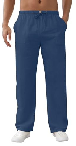 Aisprts Pantalon Lino Hombre Pantalones Holgados de Ocio Pantalones Ligeros de Verano para Hombre con Bolsillos, Cintura Elástica y Cordón, Beige, 3XL