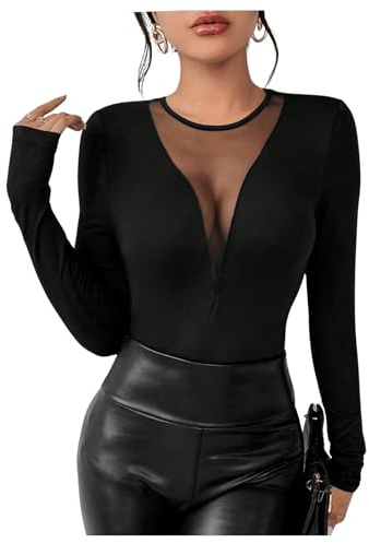 GORGLITTER Women's Mesh Sheer T Shirts Going Out Tops Low Cut Long Sleeve Crewneck Sexy Skinny Party Tops Black S