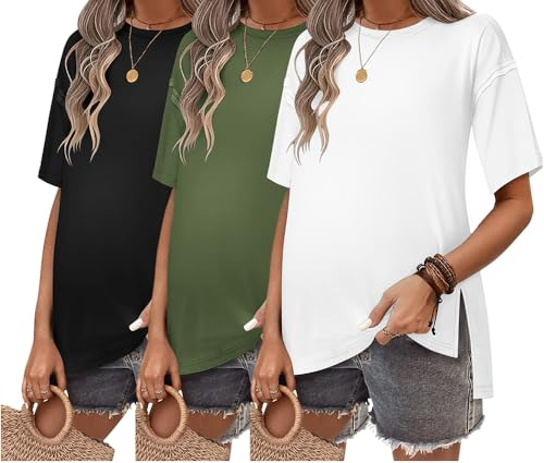 Ekouaer Maternity Shirts 3 Packs Short Sleeve Womens Oversized Pregnancy Tops Split Side Postpartum Blouse Clothes Black/Army Green/White S