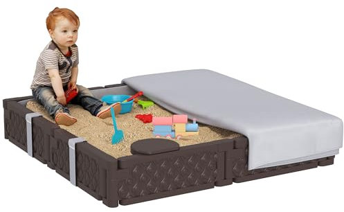 AIYAPLAY Arenero para Niños de 18-60 Meses Arenero Infantil Cuadrada con Cubierta y Asientos Arenero para Exterior 119x119x22 cm Marrón