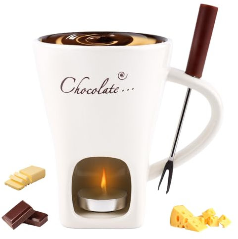 Gosknor Chocolate Fondue Mug with Fork, Sweet Melting Cup with Tealights for Chocolate Cheese & Desserts Ceramic Fondue Pot Set Ideal for Date Nights Birthdays Anniversary Weddings (White)