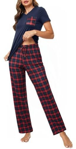Crewhpo Ensemble Pyjama Femme Col V T-Shirt Manches Courtes Style Sport | Tissu Doux et Respirant, Haut Col V à Manches Courtes, Pantalon Long à Carreaux, Pour Maison et Mi-Saison, pour le Quotidien