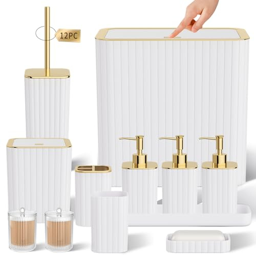 InnJoey Bathroom Accessory Set - Bathroom Set, 12PC Bathroom Accessories Set, White Bathroom Accessories Set, Mini Trash Can, Toilet Brush, Trash Can & Soap Dispenser