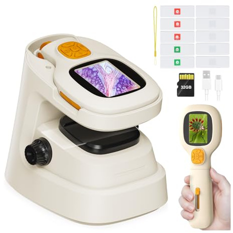 1000X Microscope Numérique Portable pour Enfant: Mini Microscope de Poche avec écran HD 2 Pouces, Lames, Support Amovible et Kit Expérience - Loupe de Portable, Cadeau STEM for Kids 5-12
