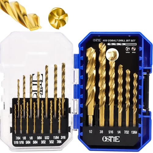 Cobalt Drill Bit Set 20 Piece(1/16-1/2), M35 Metal Drill Bits for Steel, Hardened Metal, Cast Iron & Alloy, 3-Flute, TiN Coated, 125° Split Point, 3-Flat Shank, with Indexed Storage Case