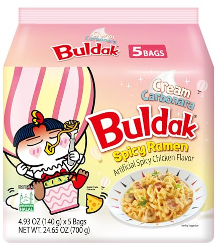 Buldak Cream Carbonara Halal Ramen Noodles – Korean Spicy Instant Noodles Multipack, Hot Chicken Flavour – 5 x 140g Packs (700g)