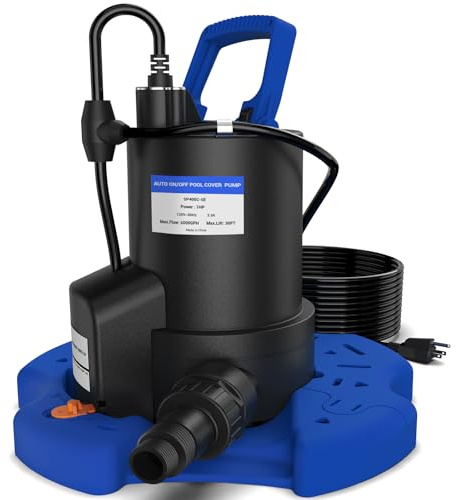 Automatic Pool Cover Pump - 1 HP 5000 GPH Submersible Water Pump with Check Valve and 3 Adapters, 29.5FT Cord for Pumps Above Ground Automatic On/Off System, Sump Pump for Basement Floods, Pond Pump