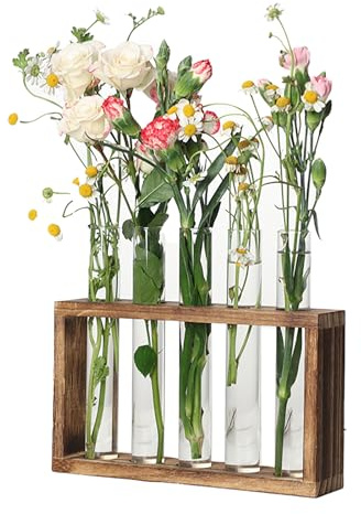 Tubos de Ensayo para Flores,5 Piezas con Soporte de Madera,Tubos Florales,Tubos de Agua para Flores,Jarrón Tipo Tubo para Plantas,Decoración de Mesa para Hogar,Oficina