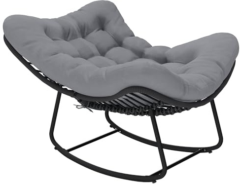 Outsunny Sedia a Dondolo da Esterno ed Interno in Rattan, Sedia a Dondolo Oversize con Cuscino Imbottito, Struttura in Metallo Zincato, Max 120 kg, per Giardino Balcone Soggiorno, Grigio Scuro