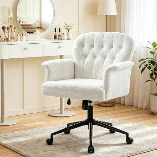 IWMH Vanity Chair,Teddy Fleece Wide Makeup Chair for Bedroom Home White | Upholstered Comfy Computer Swivel Desk Chairs for Living Room, Girls Room, Dressing Table, 150kg Load Capacity
