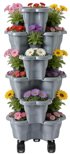 Sohodoo Macetero vertical de 6 niveles, maceteros de torre apilables, macetas de fresas, hierbas, flores y verduras, macetas de jardinería for interiores y exteriores con ruedas(Gris)