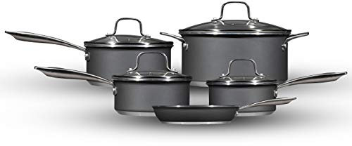 Hairy Bikers CKW2103 5 Piece Set with Lids, 16cm, 18cm and 20cm Saucepans, 28cm Frying Pan and 24cm Casserole Pot, Non Stick Coating with Riveted Secure Handles, Aluminium, Grey