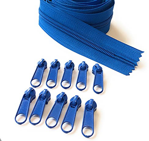 ADS - Cerniera continua in nylon n. 5 con cursori, chiusura lampo n. 5, con 10 estrattori (blu (Royal – 1006), 196,8 – 5 metri)