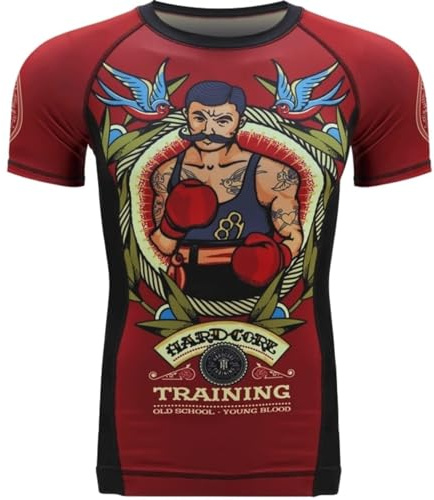 Hardcore Training Men's Rash Guard Compression Short Sleeve Kompression Kortärmad Herr Män Jiu Jitsu MMA No-Gi Tight BJJ (DE/NL/SE/PL, Alfa, M, Regelbunden, Regelbunden, Red)