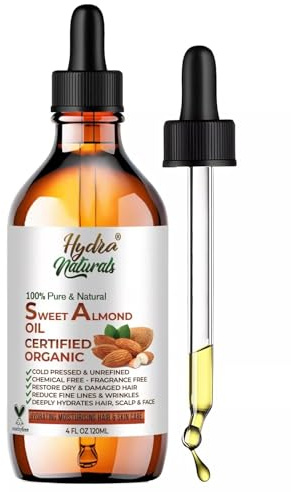 Hydra Naturals 100% Pure Sweet Almond Oil 120ml, Cold Pressed & Natural, for Hair, Skin, Face & Nails, Moisturising, Anti-Ageing, Fast Absorbing, Carrier Oil for Massage & Aromatherapy, UK Made