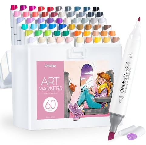 Ohuhu Marker, 60 Farben Doppelspitze Alkohol Marker(Schlank Breit und Fein) + 1 Blender - Nahtloses Mischen, Tinte Nachfüllbar für Künstler Färbung Zeichnung Cartoon Anime Comic - Kaala Serie