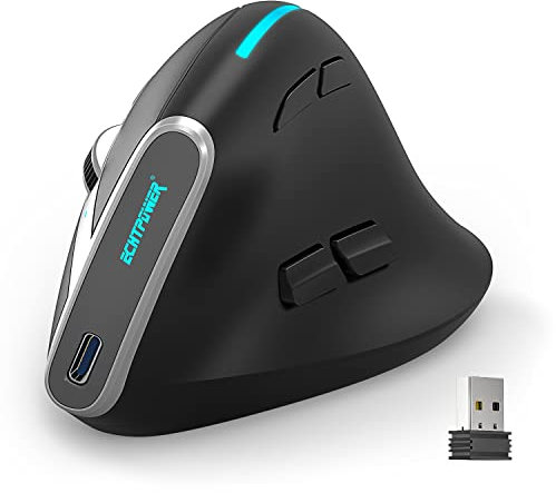 ECHTPower Ergonomische Maus, vertikal, kabellos, Tri-Modi, Maus 2,4 G & Bluetooth, wiederaufladbar, vertikale Maus für Rechtshänder mit 5 DPI verstellbar, RGB-Licht, 8 programmierbare Tasten für PC