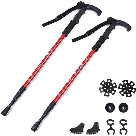 ThreeH Par med 2 vandringspinnar med T-handtag vandringspinnar ultralätt aluminiumlegering stötsäker för camping resor vandring senior röd