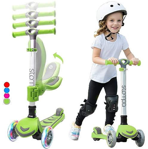 Stompa Roller Kinder 3 Jahre - 2 EIN 1 Kinderroller zum Sitzen mit 3 Räder LED Blitzlicht, Höhenverstellbarer, Faltbar Scooter- Rutsche Tretroller für Kleinkind Mädchen & Junge Alter 3-6