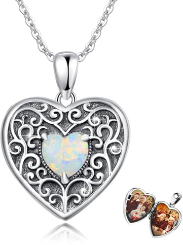 Waysles Herz Medaillon Kette Damen 925 Sterling Silber Opal Medaillon Herz Amulett zum Öffnen 2 Fotos Weihnachtsgeschenke für Freundin Frau Mutter Love You Forever
