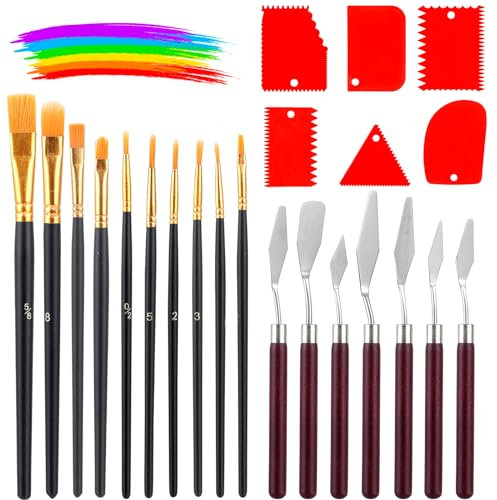 Galerie SV 23 Stück Palettenmesser und Pinsel Set, 7 Acryl Spachtel, 6 Zahnspachtel und 10 Nylonhaar Pinsel in Verschiedenen Größen für Künstler, Erwachsene und Kinder Zum Malen Ölgemälde, Gouache