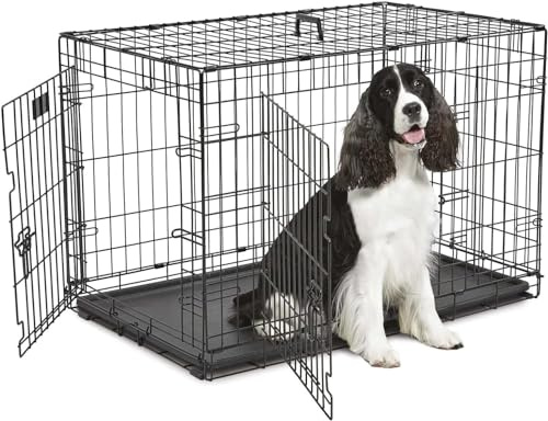 JupiterJx Metal Dog Crate Cage, Foldable Puppy Pet Cage With 2 Doors Easy Clean, Durable Dog Cage With Carrier Handle & Chew Resistant Plastic Base Tray For Dog Puppy Training (Black, 36)
