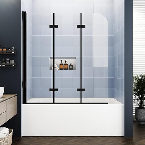 Foskbaths Bathtub Shower Door, Semi-Frameless Bypass 48 W x 55 H Foldable Hinged Bathtub Glass Door 1/4 Tempered Glass Shower Door with Explosion-Proof Film Matte Black