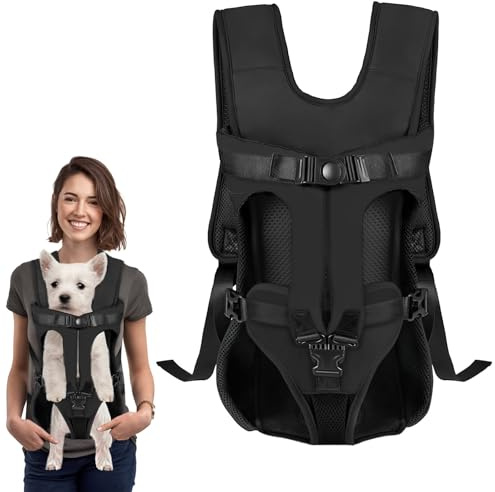 Dog Front Carrier Backpack, Dog Backpack Carrier Soft Pad, Pet Legs Out, Easy-Fit Dog Front Carrier for Small Medium Puppy, Hands Free Dog Carrier Adjustable for Cycling Hiking (Black, L)