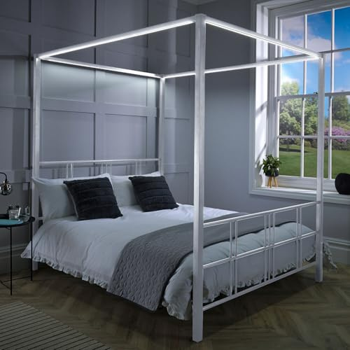 X-Rocker FERN Four Poster Bed with LED Lighting, Double 4ft6 Bedstead, Metal Canopy Bed Frame, Sturdy 4 Poster Bed Frame with Headboard and Dimmable LED Lighting, 3 Light Settings XR LIVING - WHITE