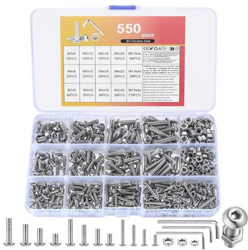 550 Stück M3 M4 M5 Schrauben Set, Innensechskantschrauben Muttern Set, Linsenkopfschrauben Sortiment, Edelstahl Sechskantschrauben mit Muttern Set, Rundkopf Maschinenschrauben Gewindeschrauben Set