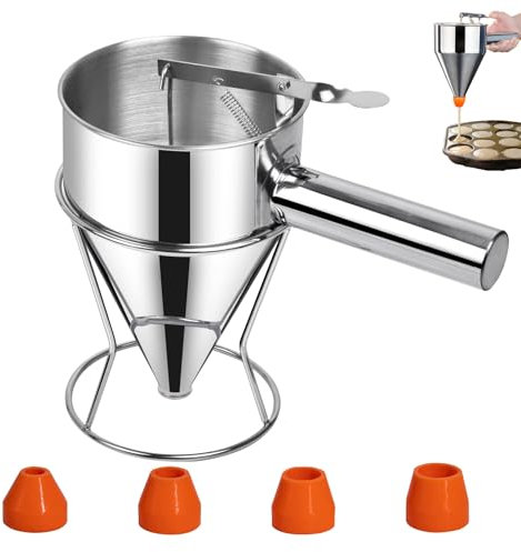 Pancake Dough Dispenser, 1200 ml Pancake Dough Dispenser, Stainless Steel, Thick Cake Dispenser with 4 Different Silicone Nozzles for Pancakes, Desserts, Cupcake