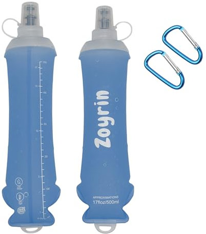 2 Pack Collapsible Water Bottles - TPU Running Water Bottle with Bite Valve, Dust Cover, Bottom Hook & 2 Carabiners - Soft Flask for Hiking,Backpacking & Running Vest