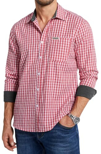 Enlision Check Shirts for Men Adult Red and White Men's Checked Plaid Shirts Long Sleeve with Contrast Collar Buttoned Smart Casual Gingham Tartan for Daily Work L