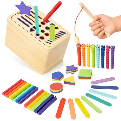 Funsland Juguetes Niños 1 2 3 Años Montessori - 4 en 1 Juegos Motricidad Fina, Sensorial de Madera Clasificar Formas y Colores, Juegos Educativos, Regalos de Viaje para Niños Niñas