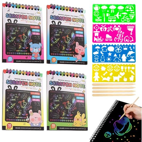 4 Pcs Scratch Art Books for Kids, Magic Rainbow Scratch Art Craft Kit with 4 Painting Molds, Arts and Crafts for Kids Age 3-10, Birthday Gifts for Age 3-10 Year Old Girls Boys