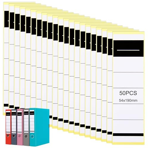 Pack of 50 Self-Adhesive Folder Spines 54x190mm White File Stickers for 8 cm Lever Arch Folders, Sticky Name Labels & File Folder Labels, Wide Edge Folder Label Self-Adhesive for Office, School, Home