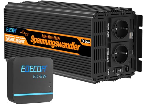 Inverter EDECOA 2000W ad Onda Sinusoidale Pura 12V a 230V con Controllo Remoto WiFi, Monitoraggio APP per Camper, Caravan, Sistema Solare, Alimentazione Esterna